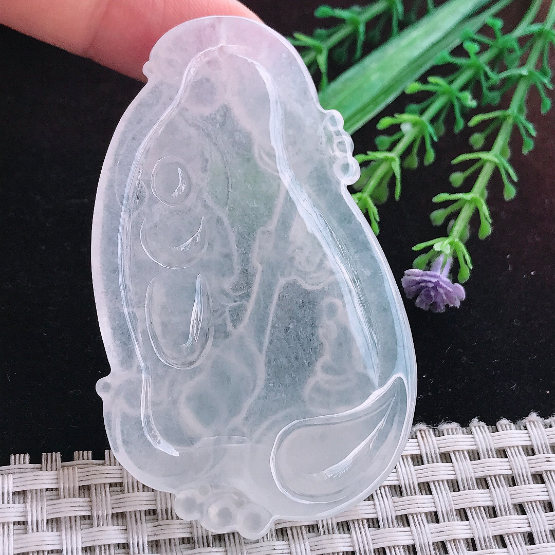 实拍A货翡翠69.5/42.8/5.6老坑白冰冰种佛魔一念吊坠翡翠挂件