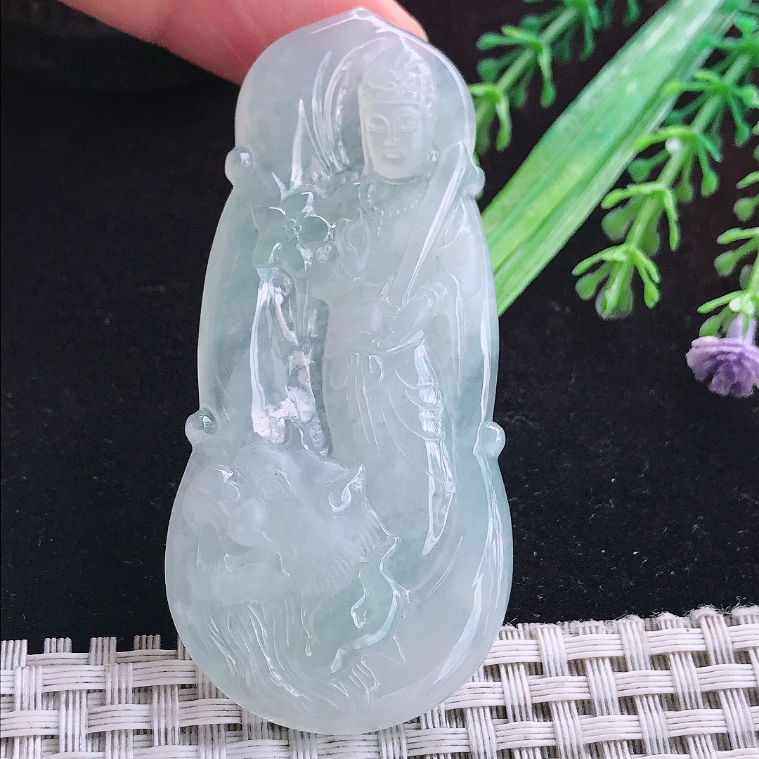 实拍A货翡翠68.8/32.2/5.6老坑冰透起胶白月光文殊菩萨吊坠翡翠挂件
