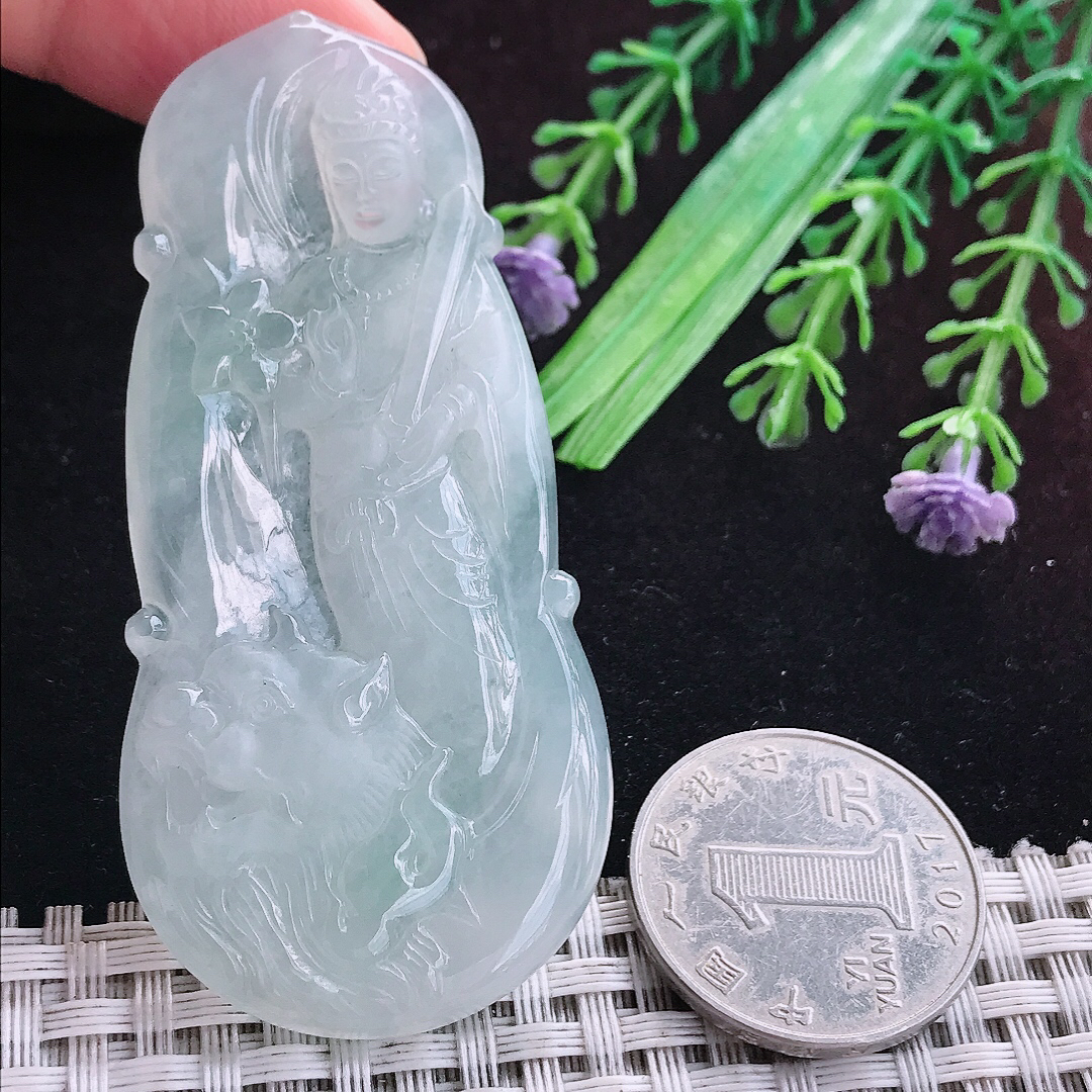 实拍A货翡翠68.8/32.2/5.6老坑冰透起胶白月光文殊菩萨吊坠翡翠挂件