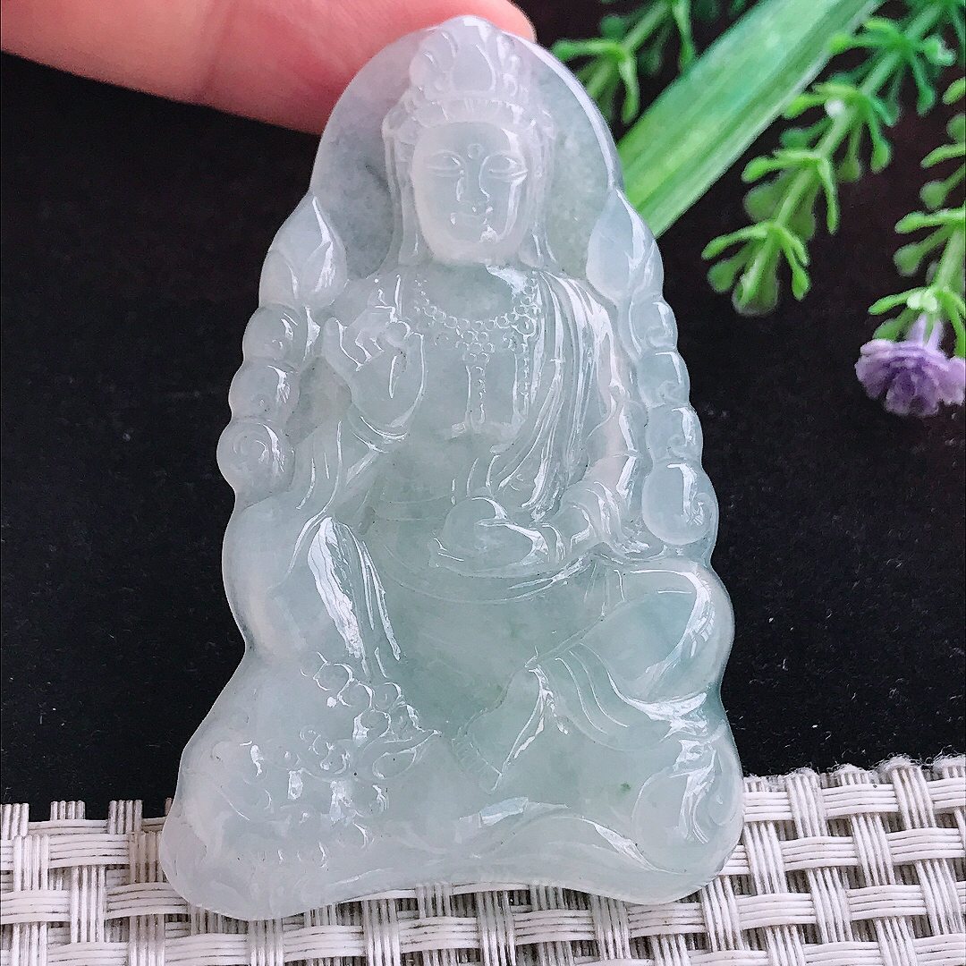 实拍A货翡翠65.5/42.8/6.3老坑冰种起胶冰晴文殊菩萨吊坠翡翠挂件