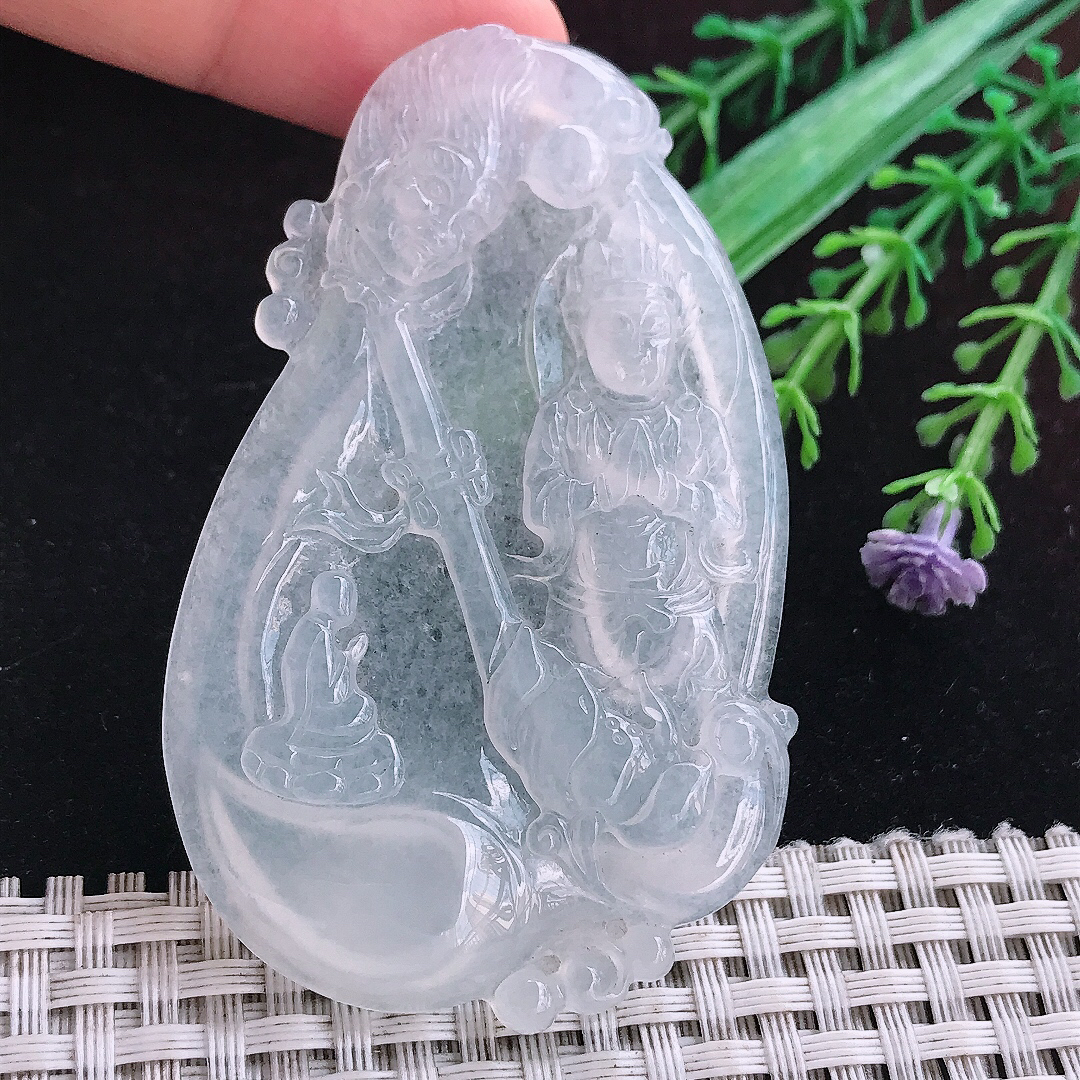 实拍A货翡翠69.5/42.8/5.6老坑白冰冰种佛魔一念吊坠翡翠挂件