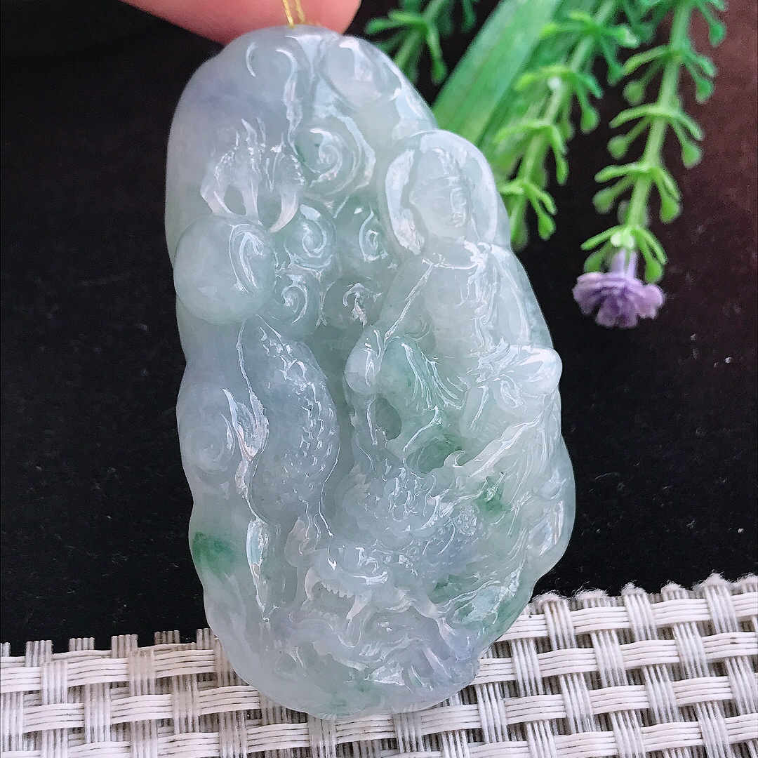 实拍A货翡翠67.8//38.5/13.5老坑冰润起胶紫底飘花御龙观音吊坠翡翠挂件玉牌