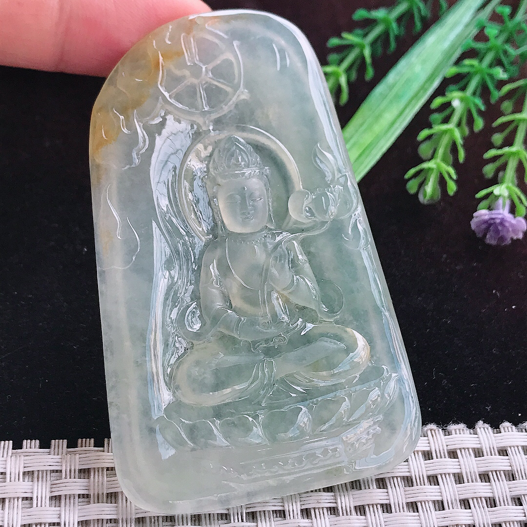 实拍A货翡翠77/4.8/5.6老坑冰种起胶冰晴大势至菩萨吊坠翡翠正装观音挂件