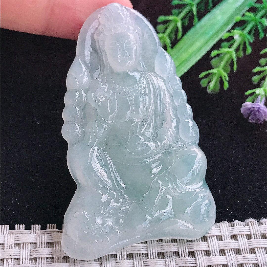 实拍A货翡翠65.5/42.8/6.3老坑冰种起胶冰晴文殊菩萨吊坠翡翠挂件