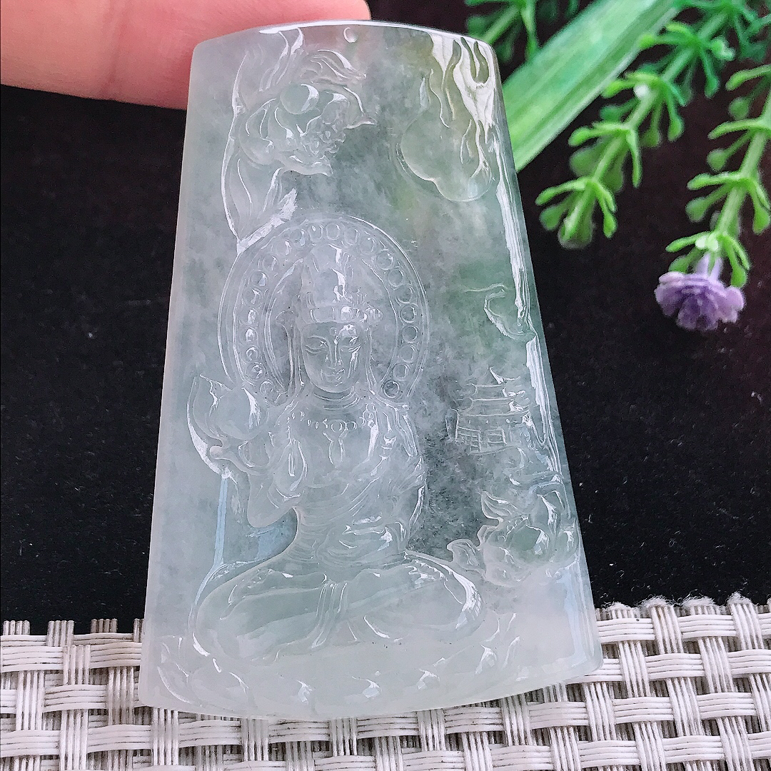 实拍A货翡翠65.6/44/5.5老坑冰种起胶赐福观音吊坠翡翠挂件