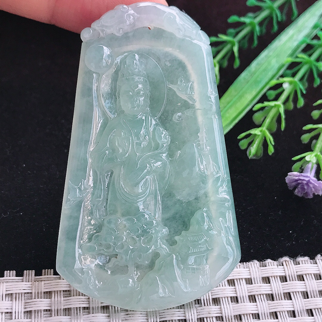 实拍A货翡翠67.5/41/6.5老坑冰透起胶冰晴绿山水观音吊坠翡翠挂件