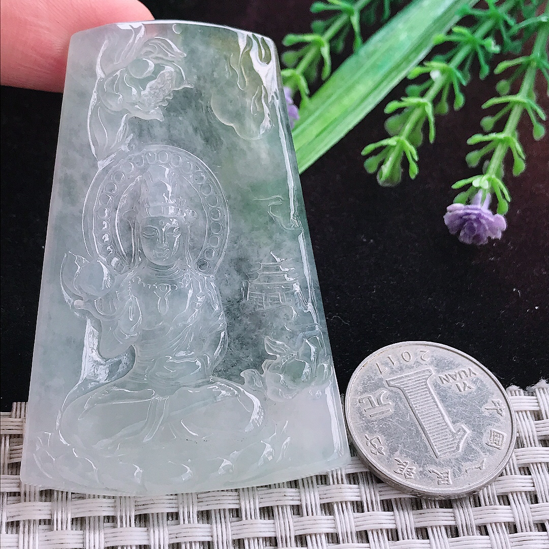 实拍A货翡翠65.6/44/5.5老坑冰种起胶赐福观音吊坠翡翠挂件