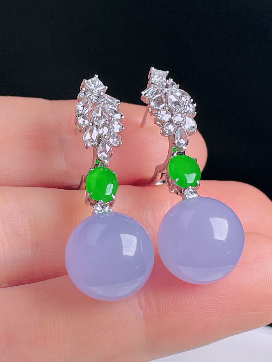 冰紫耳坠，18k镶嵌，老种起光，细底通透，尺寸：裸石12.8mm0915
