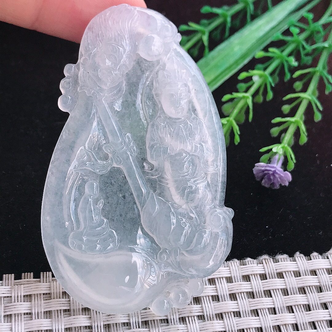 实拍A货翡翠69.5/42.8/5.6老坑白冰冰种佛魔一念吊坠翡翠挂件