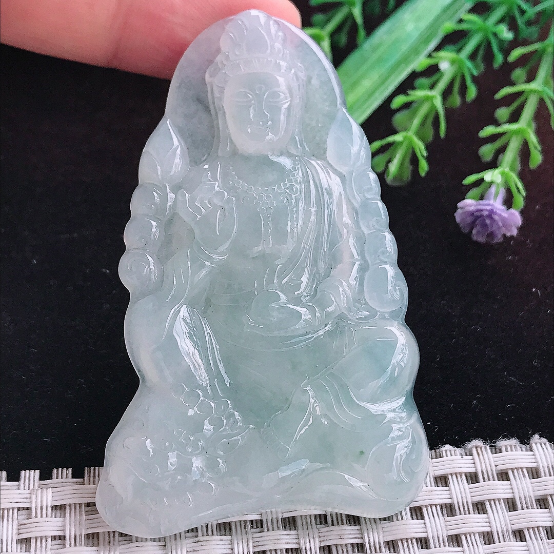 实拍A货翡翠65.5/42.8/6.3老坑冰种起胶冰晴文殊菩萨吊坠翡翠挂件
