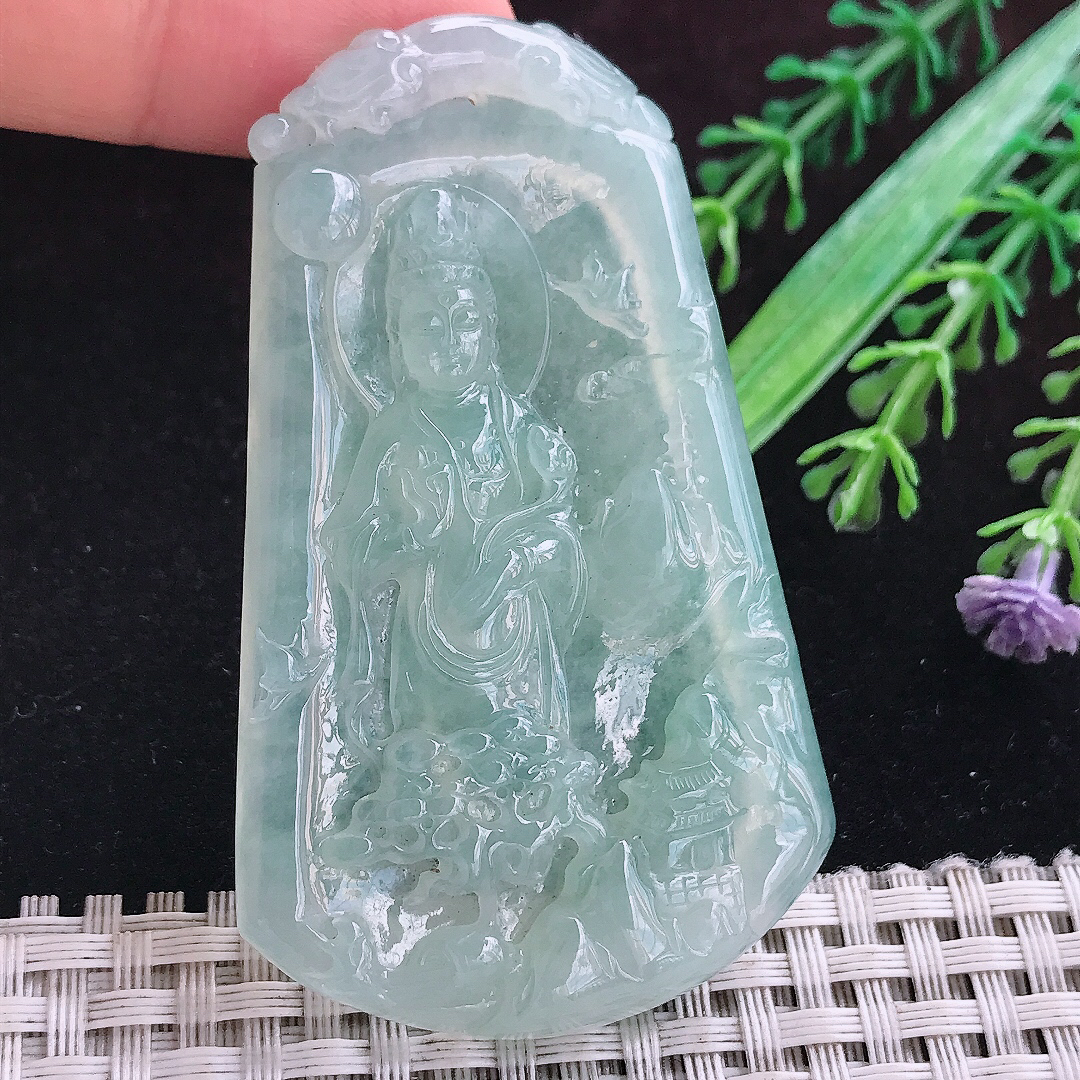实拍A货翡翠67.5/41/6.5老坑冰透起胶冰晴绿山水观音吊坠翡翠挂件