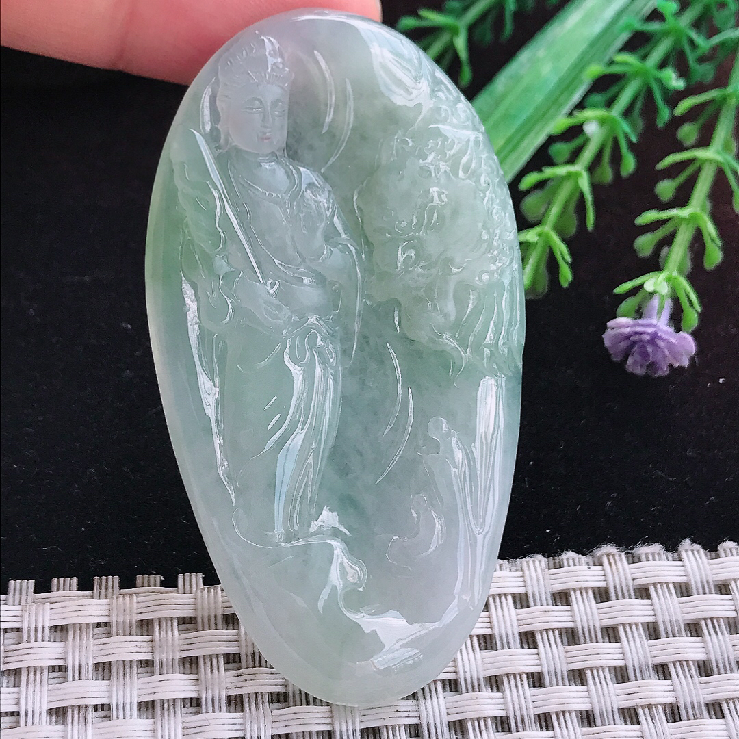 实拍A货翡翠66.6/37/5.5老坑冰胶水灵晴底文殊菩萨吊坠翡翠挂件