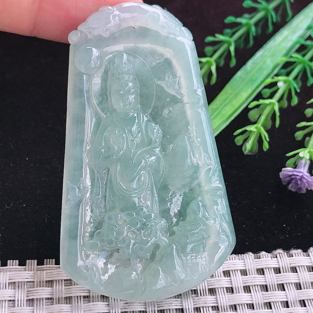 实拍A货翡翠67.5/41/6.5老坑冰透起胶冰晴绿山水观音吊坠翡翠挂件