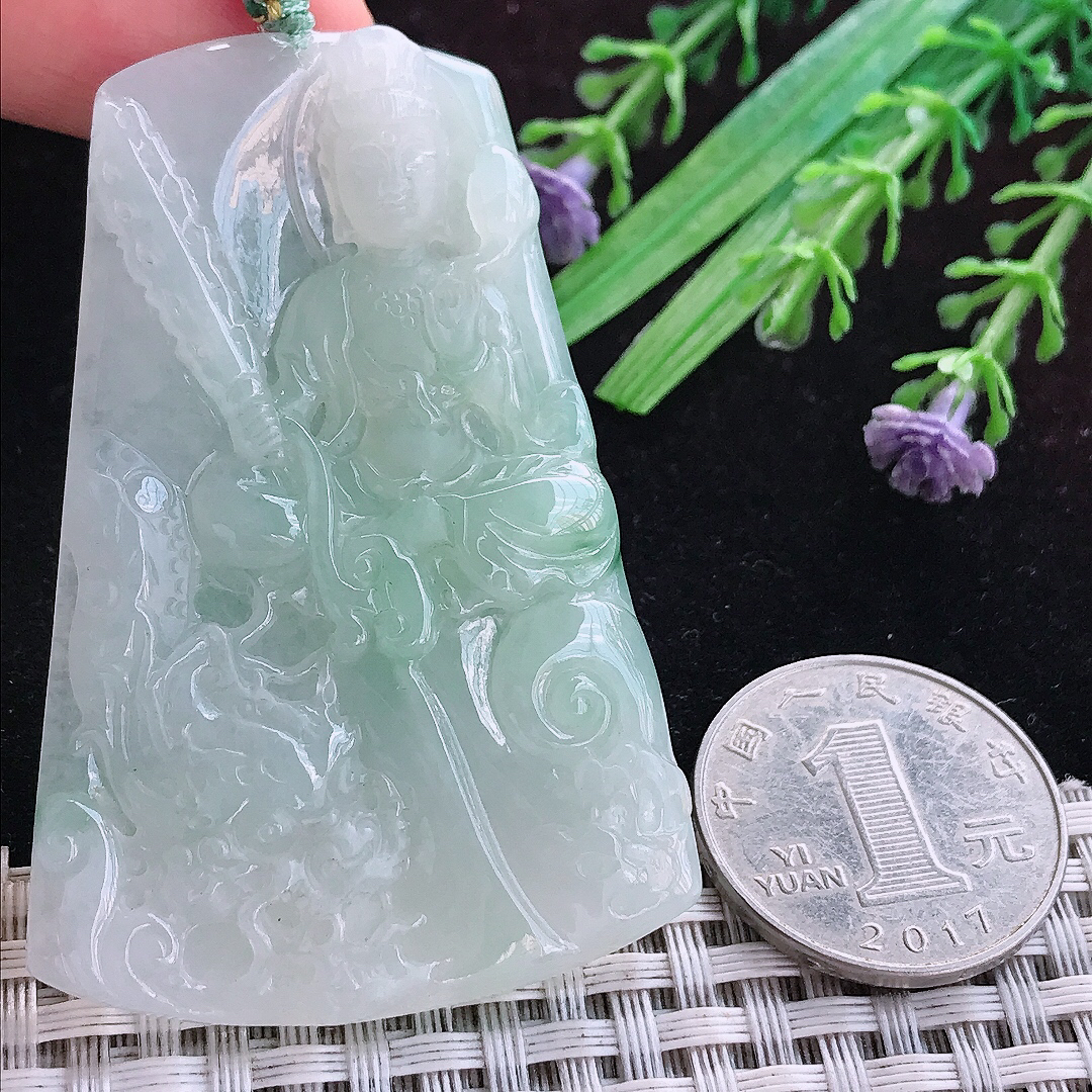 实拍A货翡翠61/41/5.3老坑冰润起胶晴底御龙观音吊坠翡翠挂件玉牌