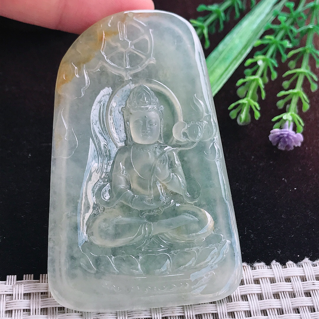 实拍A货翡翠77/4.8/5.6老坑冰种起胶冰晴大势至菩萨吊坠翡翠正装观音挂件
