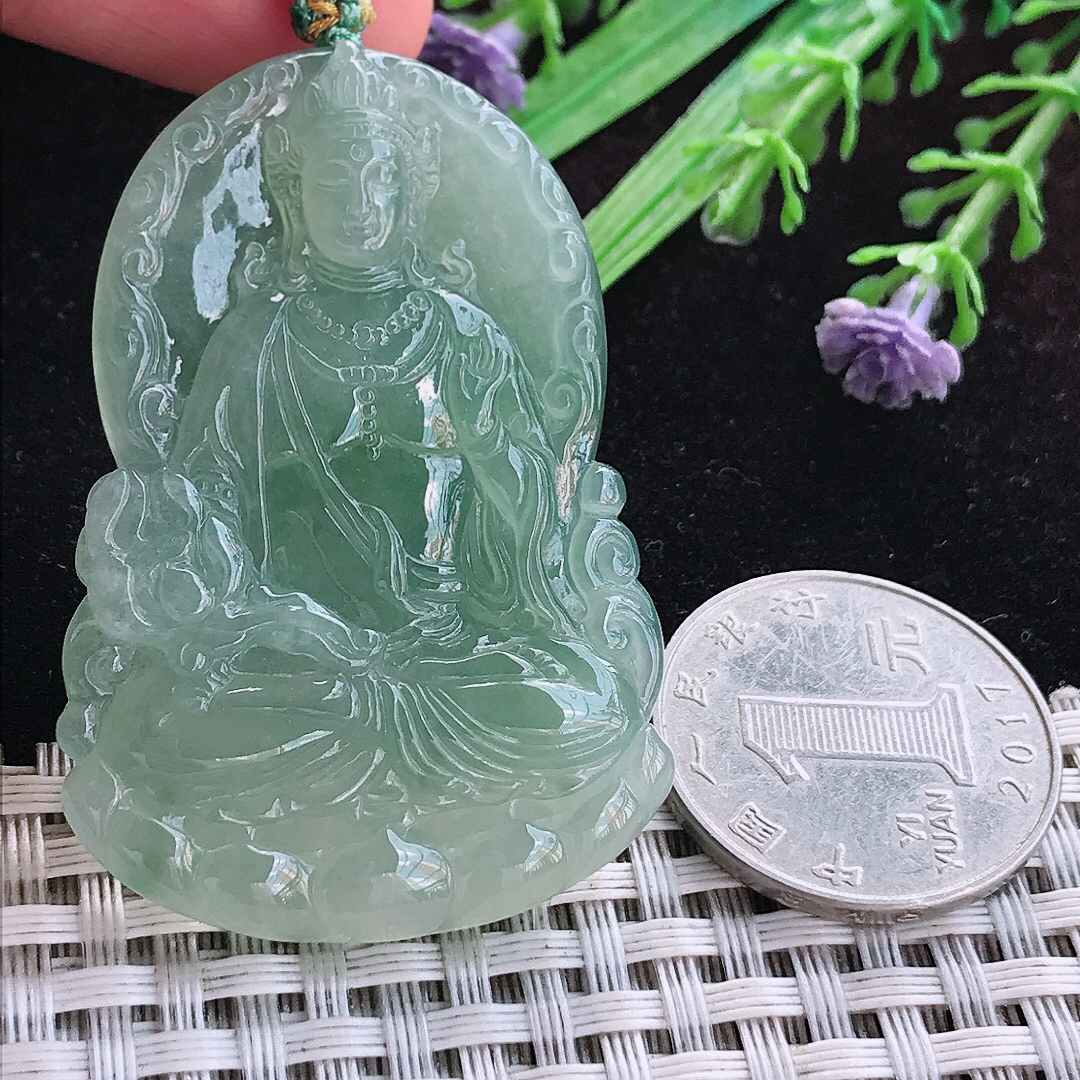 实拍A货翡翠51.8/36/5.5老坑冰胶果冻冰晴绿赐福观音吊坠翡翠挂件玉牌