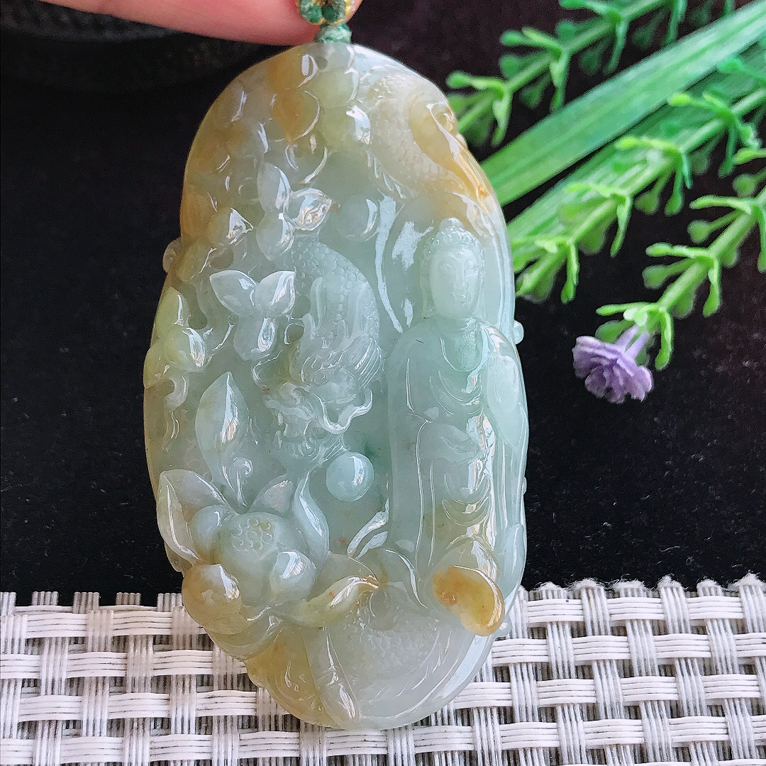 实拍A货翡翠66.6/37.5/8.5老坑精美冰润飘黄翡阿弥陀佛吊坠翡翠玉牌