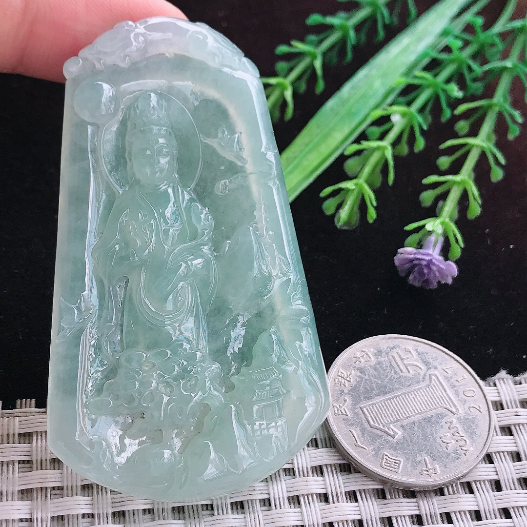 实拍A货翡翠67.5/41/6.5老坑冰透起胶冰晴绿山水观音吊坠翡翠挂件