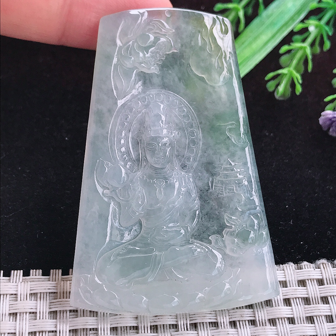 实拍A货翡翠65.6/44/5.5老坑冰种起胶赐福观音吊坠翡翠挂件