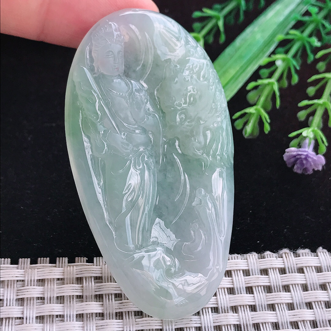 实拍A货翡翠66.6/37/5.5老坑冰胶水灵晴底文殊菩萨吊坠翡翠挂件