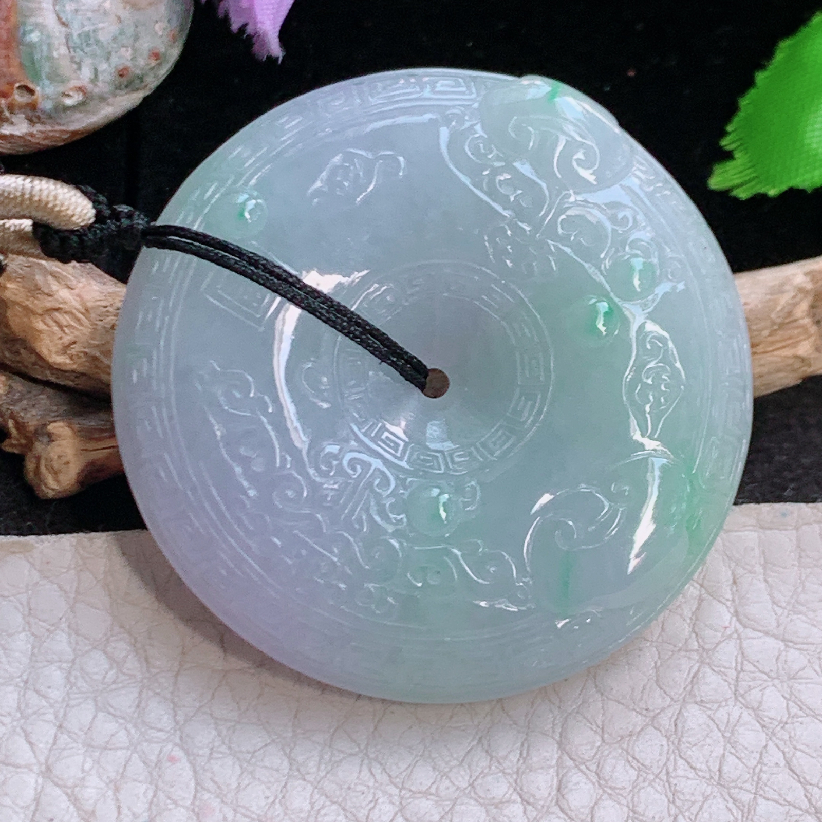 zen实拍47*10.8精雕缅甸翡翠怀古雕春带彩吉祥如意大平安扣玉吊坠 毛衣坠