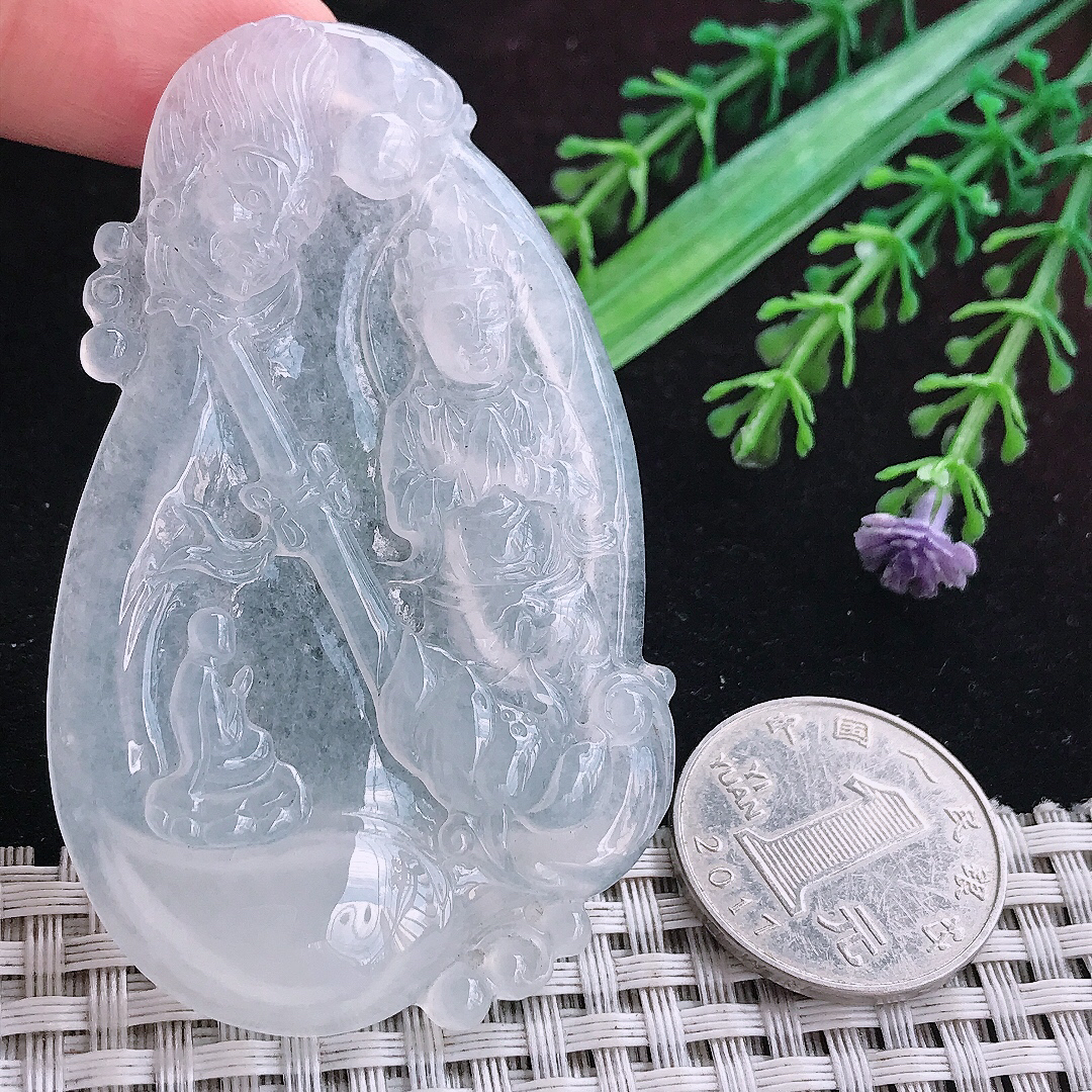实拍A货翡翠69.5/42.8/5.6老坑白冰冰种佛魔一念吊坠翡翠挂件