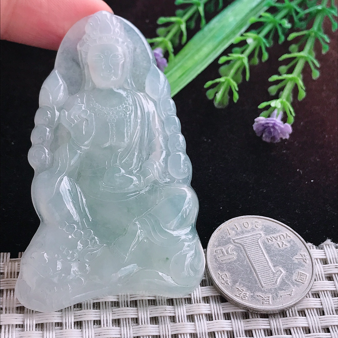 实拍A货翡翠65.5/42.8/6.3老坑冰种起胶冰晴文殊菩萨吊坠翡翠挂件