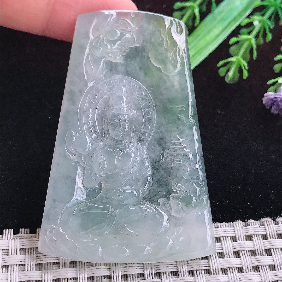 实拍A货翡翠65.6/44/5.5老坑冰种起胶赐福观音吊坠翡翠挂件
