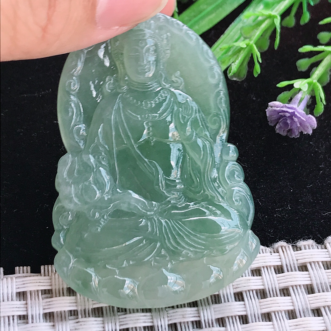 实拍A货翡翠51.8/36/5.5老坑冰胶果冻冰晴绿赐福观音吊坠翡翠挂件玉牌