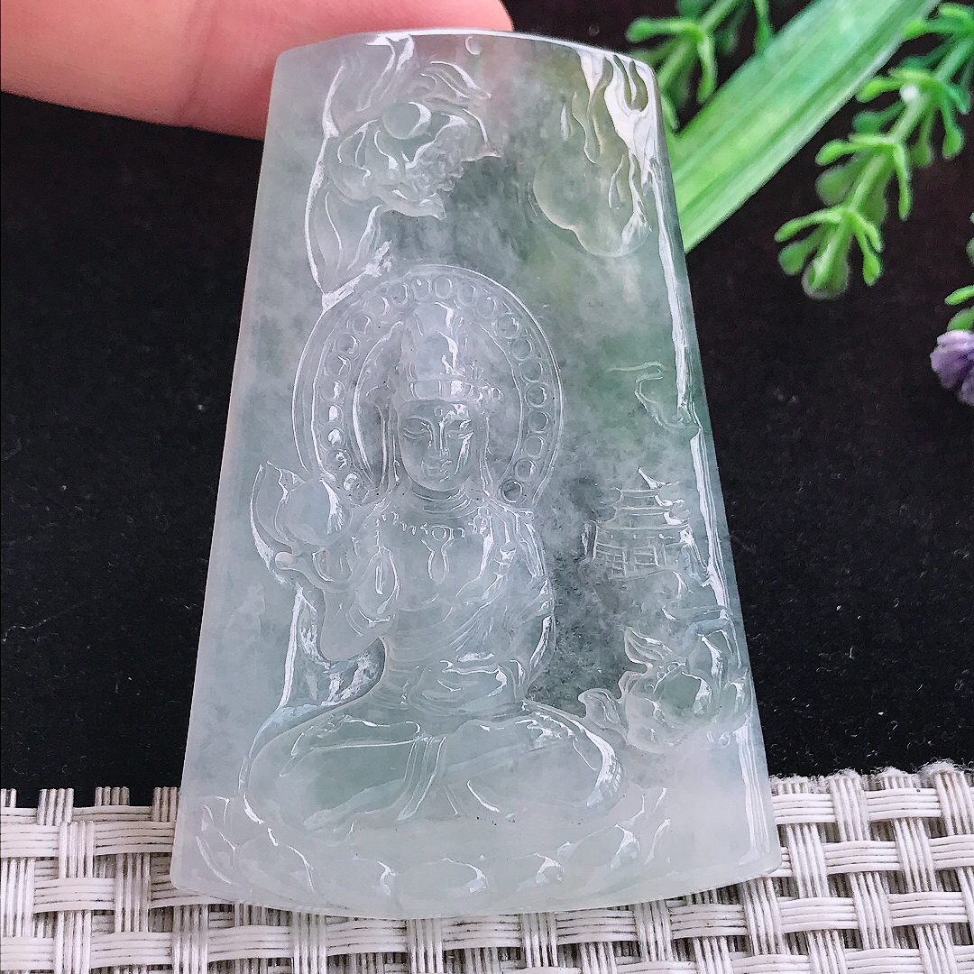 实拍A货翡翠65.6/44/5.5老坑冰种起胶赐福观音吊坠翡翠挂件