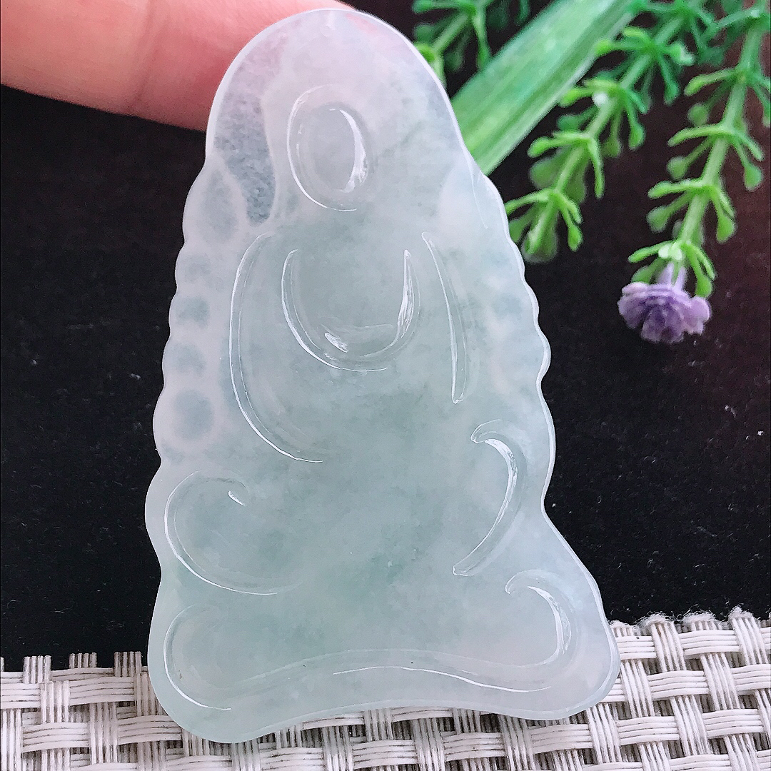 实拍A货翡翠65.5/42.8/6.3老坑冰种起胶冰晴文殊菩萨吊坠翡翠挂件