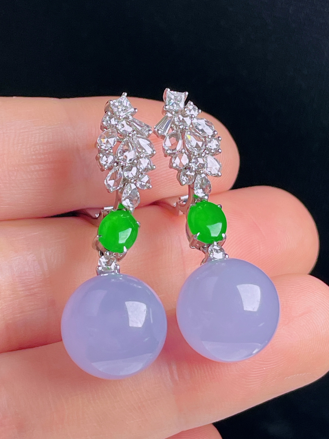 冰紫耳坠，18k镶嵌，老种起光，细底通透，尺寸：裸石12.8mm0915