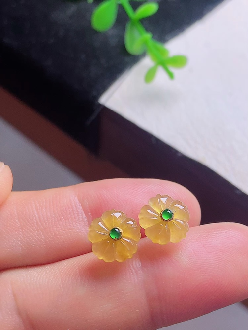 小花耳钉 冰种黄翡 无裂 18k 裸 8.8mm