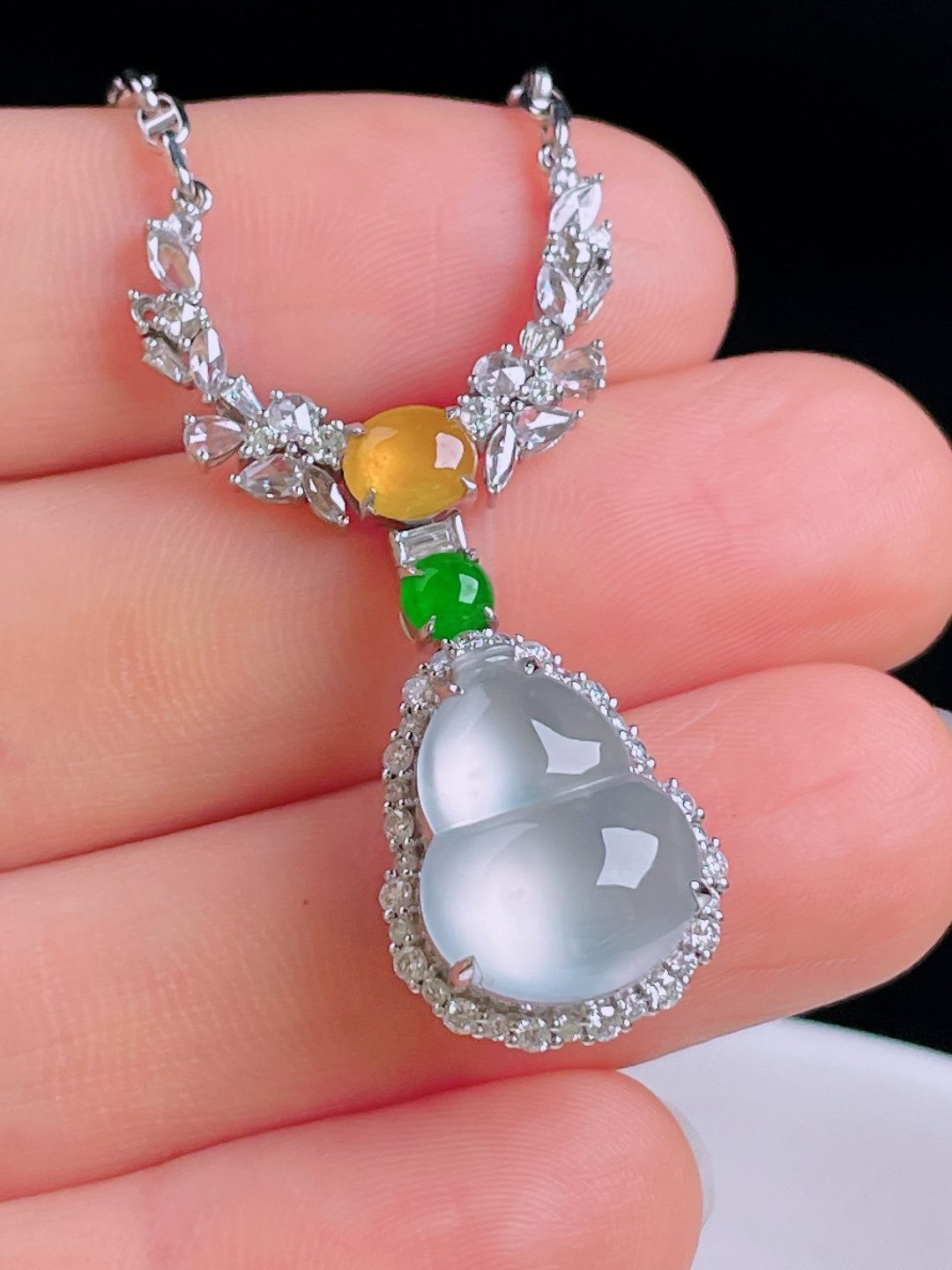 ️白冰葫芦项链套链，18k镶嵌，老种起光，细底通透，尺寸：mm092928/14/10.7裸石15/12/4