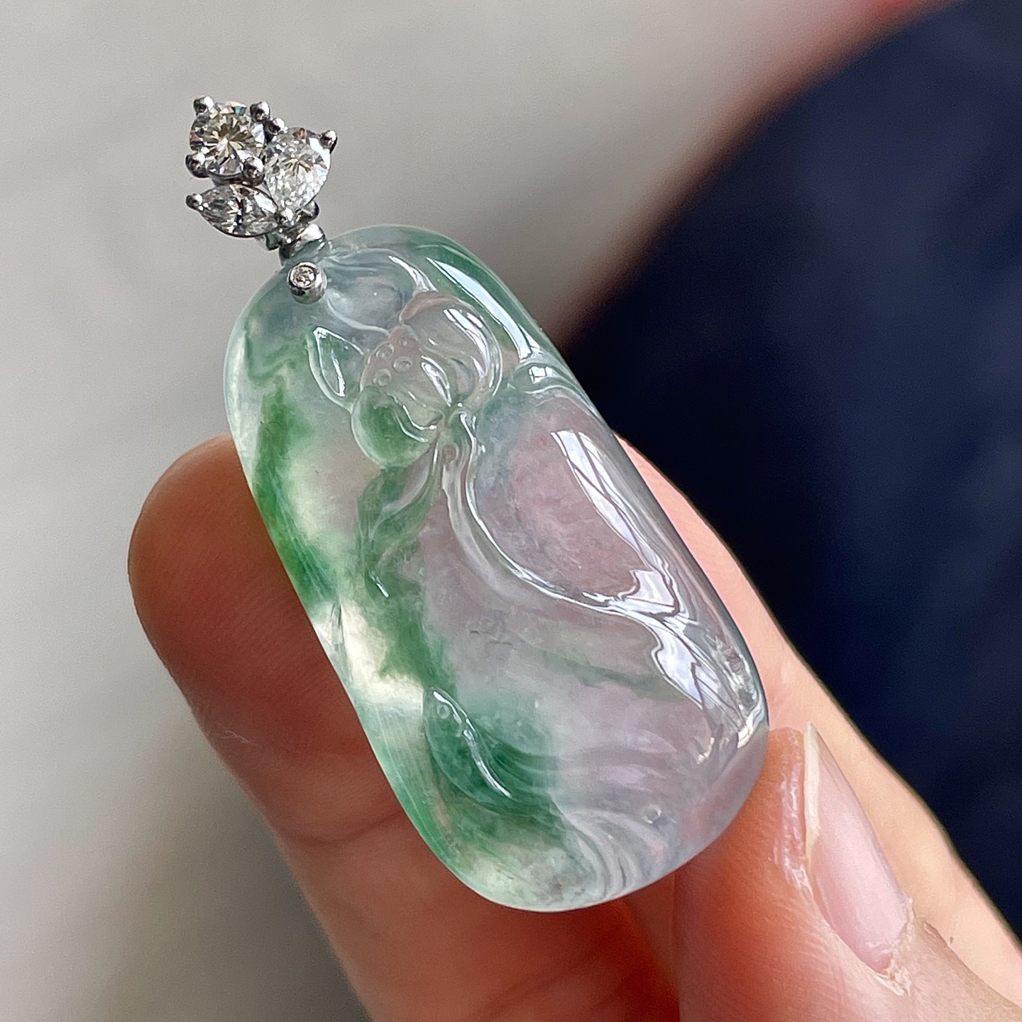 ️缅甸冰种飘花一品清廉吊坠，饱满水润，18k金镶嵌，无裂，裸石尺寸32.5/17.2/9--40.