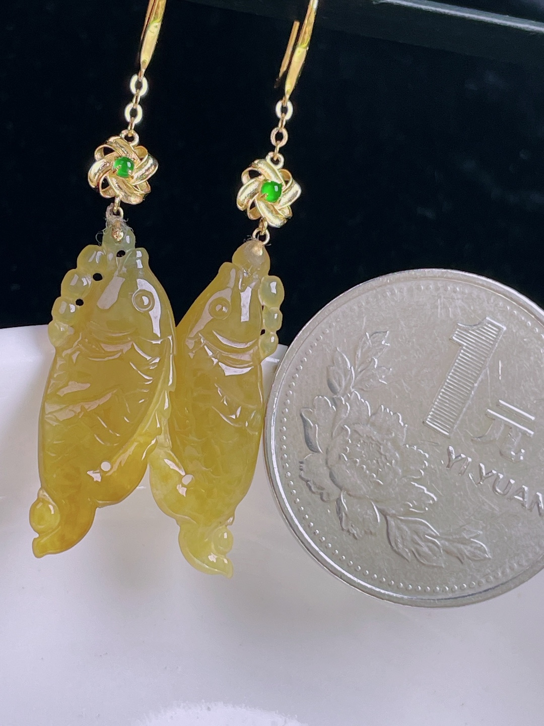 ️冰黄耳坠，18k镶嵌，老种起光，细底通透，尺寸：44裸石24.5/8.5/4mm0930