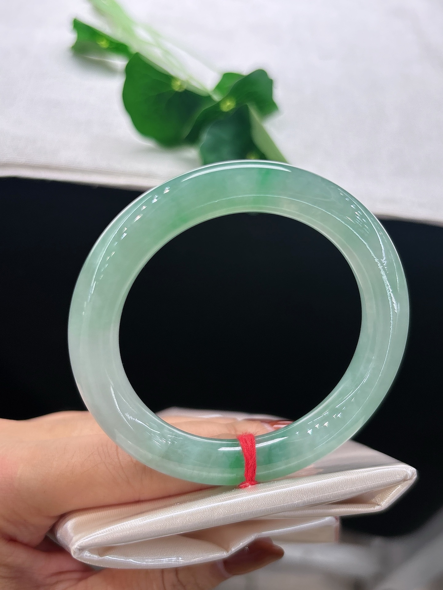 天然翡翠手镯，圈口53/9.8圆条飘绿，翠韵温婉，绿韵缓缓晕开，似林间漾开的青雾，底子冰润，无裂