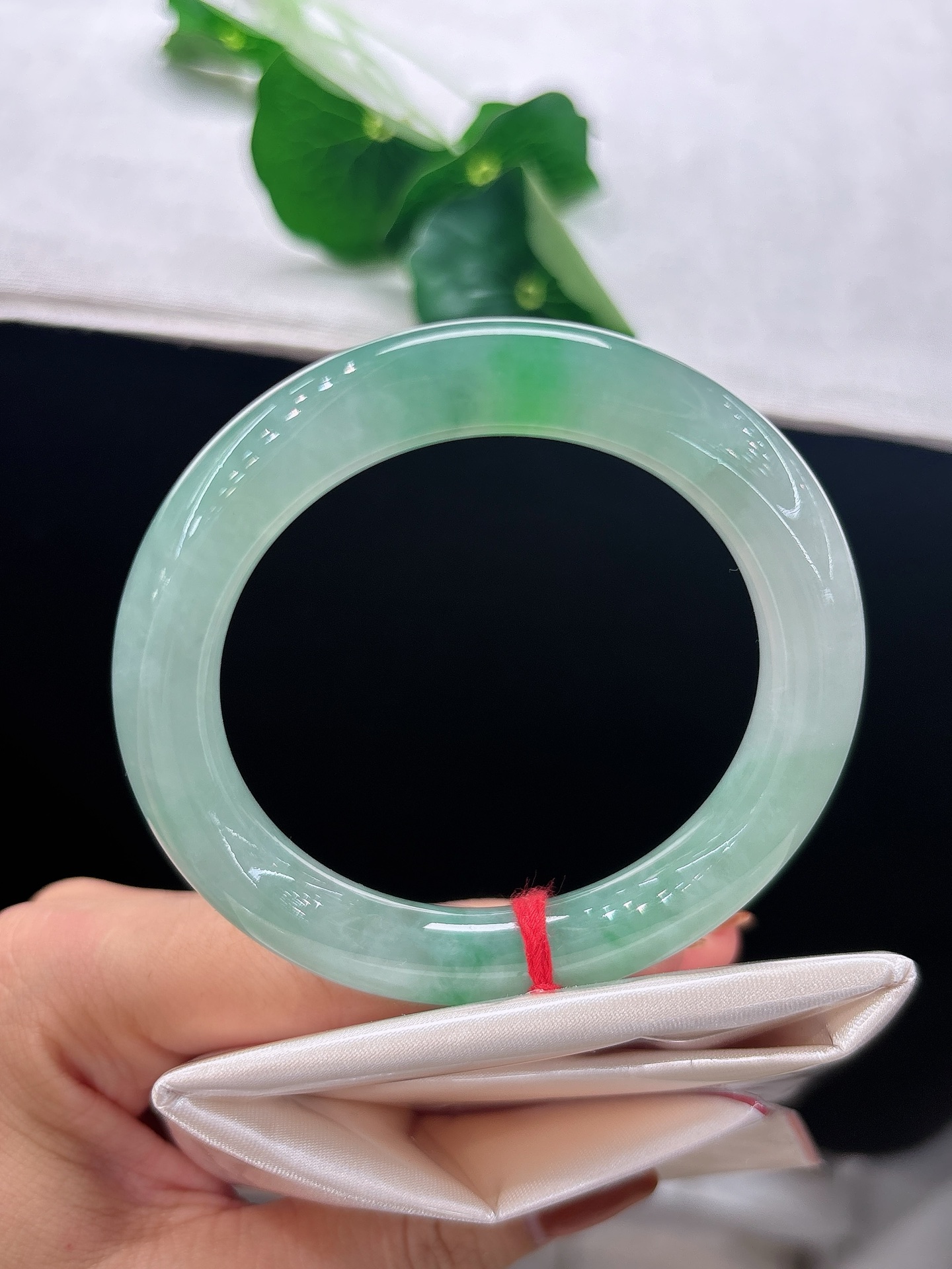 天然翡翠手镯，圈口53/9.8圆条飘绿，翠韵温婉，绿韵缓缓晕开，似林间漾开的青雾，底子冰润，无裂