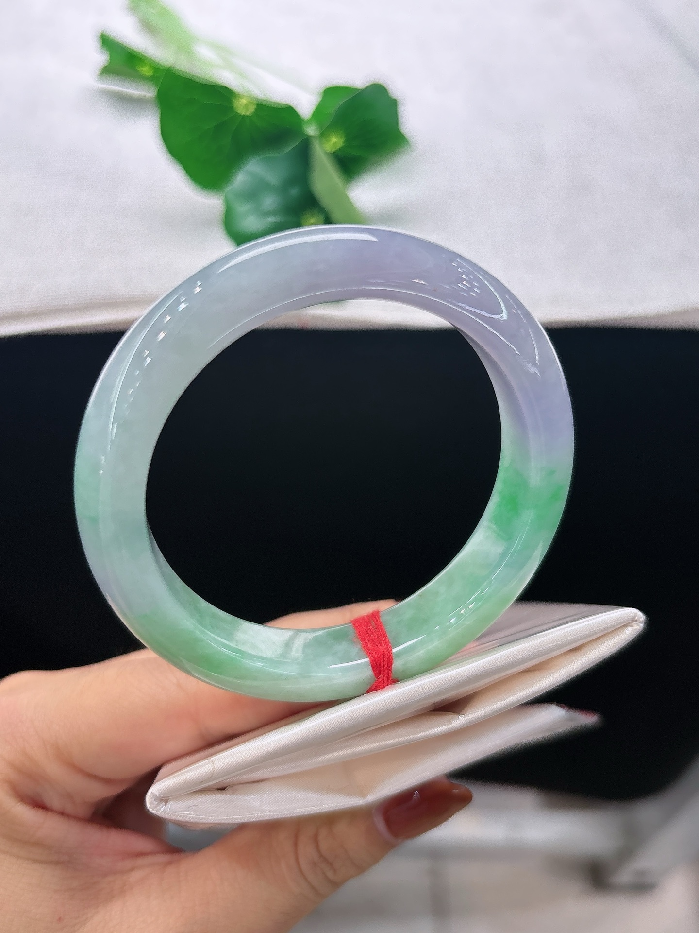天然翡翠手镯，圈口53.8/11.9/8.6春带彩，紫翠相融，底子细腻莹润，紫雾伴翠色共生，似春日山野繁花，清雅动人。无裂
