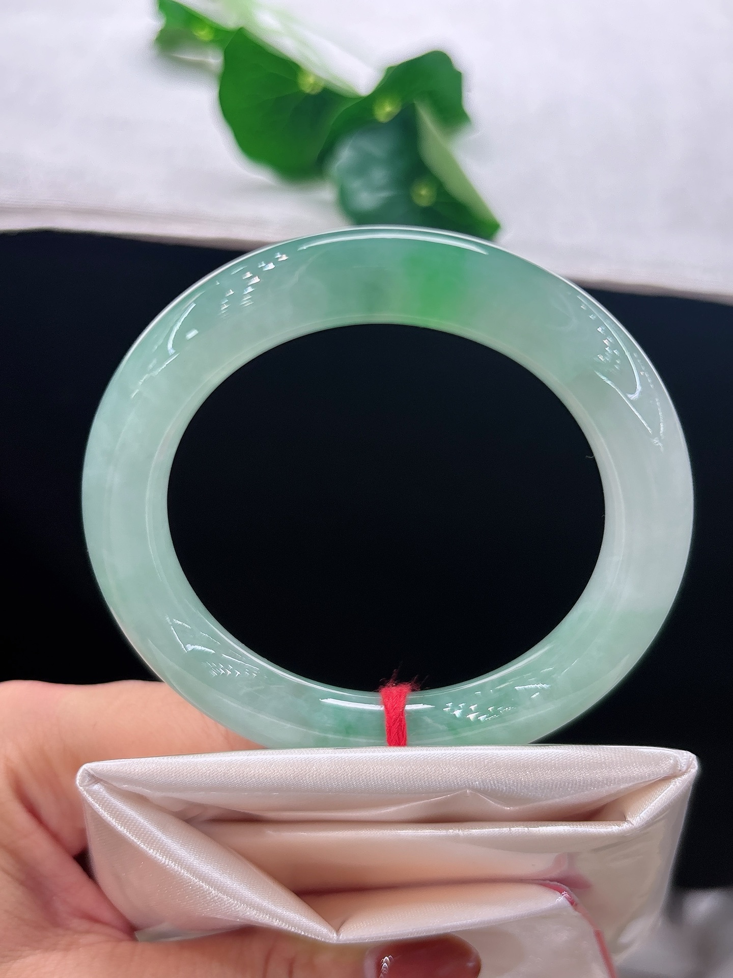 天然翡翠手镯，圈口53/9.8圆条飘绿，翠韵温婉，绿韵缓缓晕开，似林间漾开的青雾，底子冰润，无裂