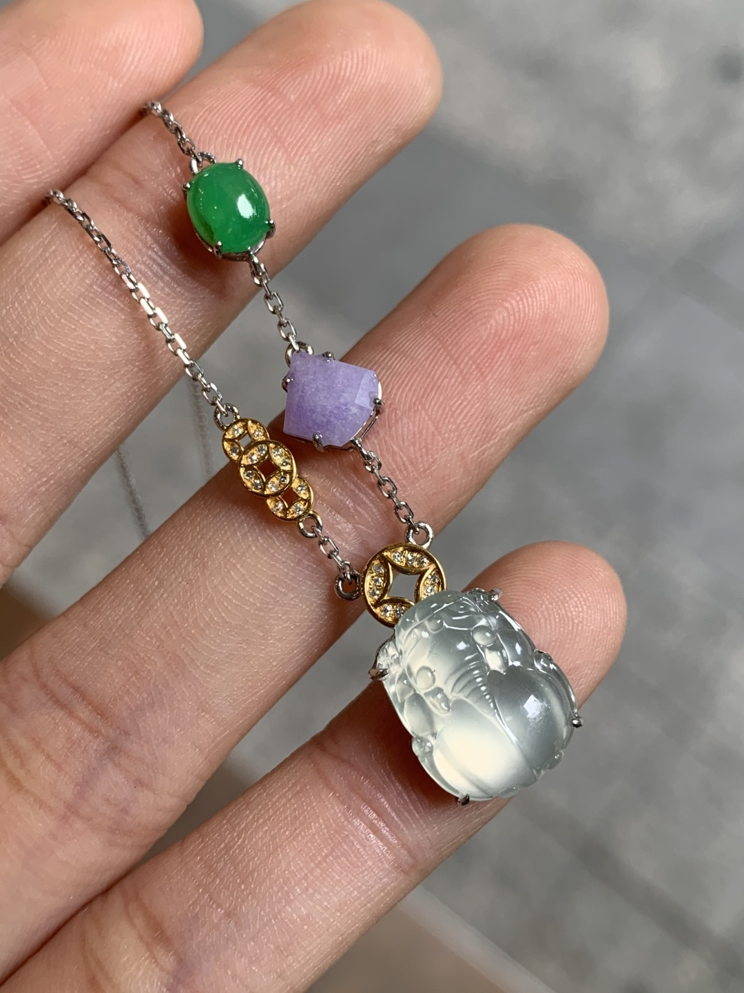 ️冰种貔貅锁骨链，无裂，18k金镶嵌，13.3-10.5-3.3