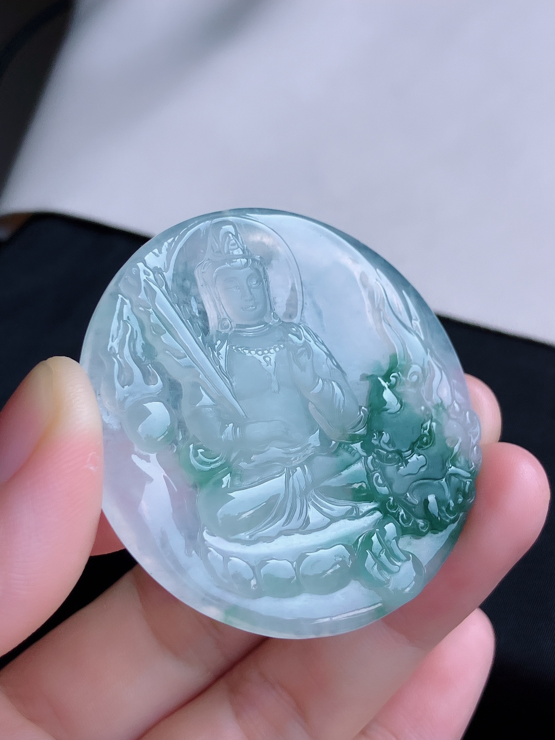 ️，冰种飘花文殊观音，晶莹剔透，花色清爽，尺寸51.3/5/自然光实拍