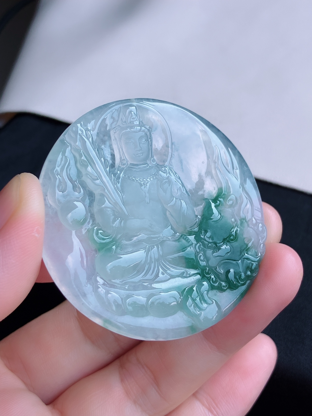 ️，冰种飘花文殊观音，晶莹剔透，花色清爽，尺寸51.3/5/自然光实拍