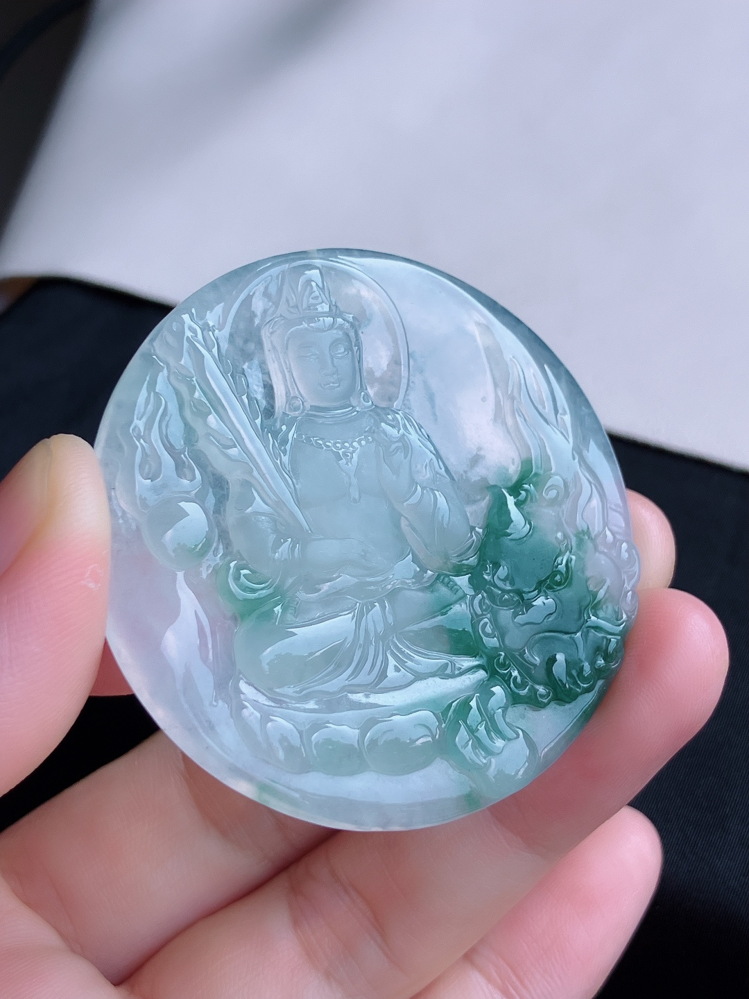 ️，冰种飘花文殊观音，晶莹剔透，花色清爽，尺寸51.3/5/自然光实拍