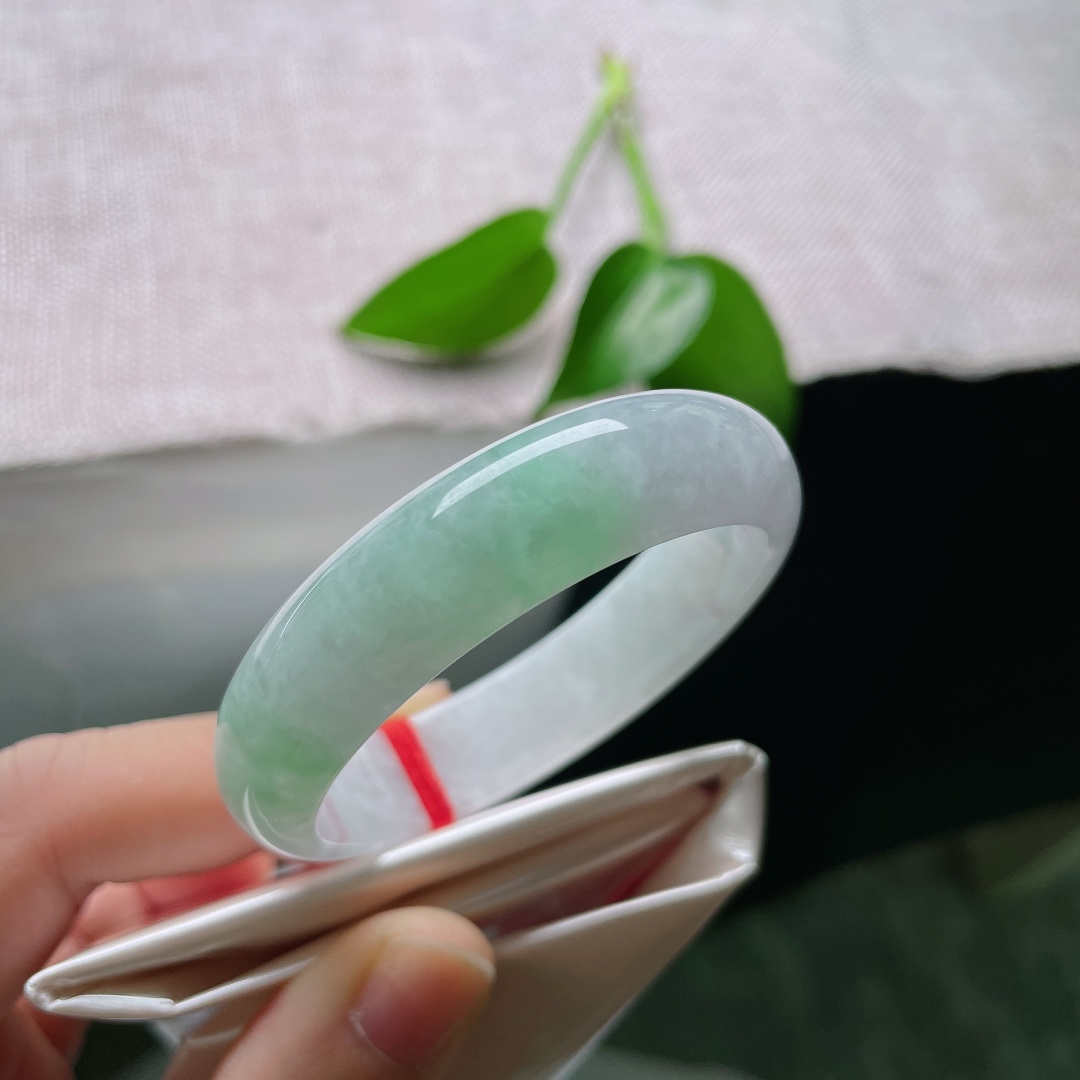 50.4（44）12.8/6.6，飘绿贵妃，晶体，玉料温润绵密细腻，淡翠清新不张扬，素面简约大方，流露干净柔和天然玉石质感。ss59534a