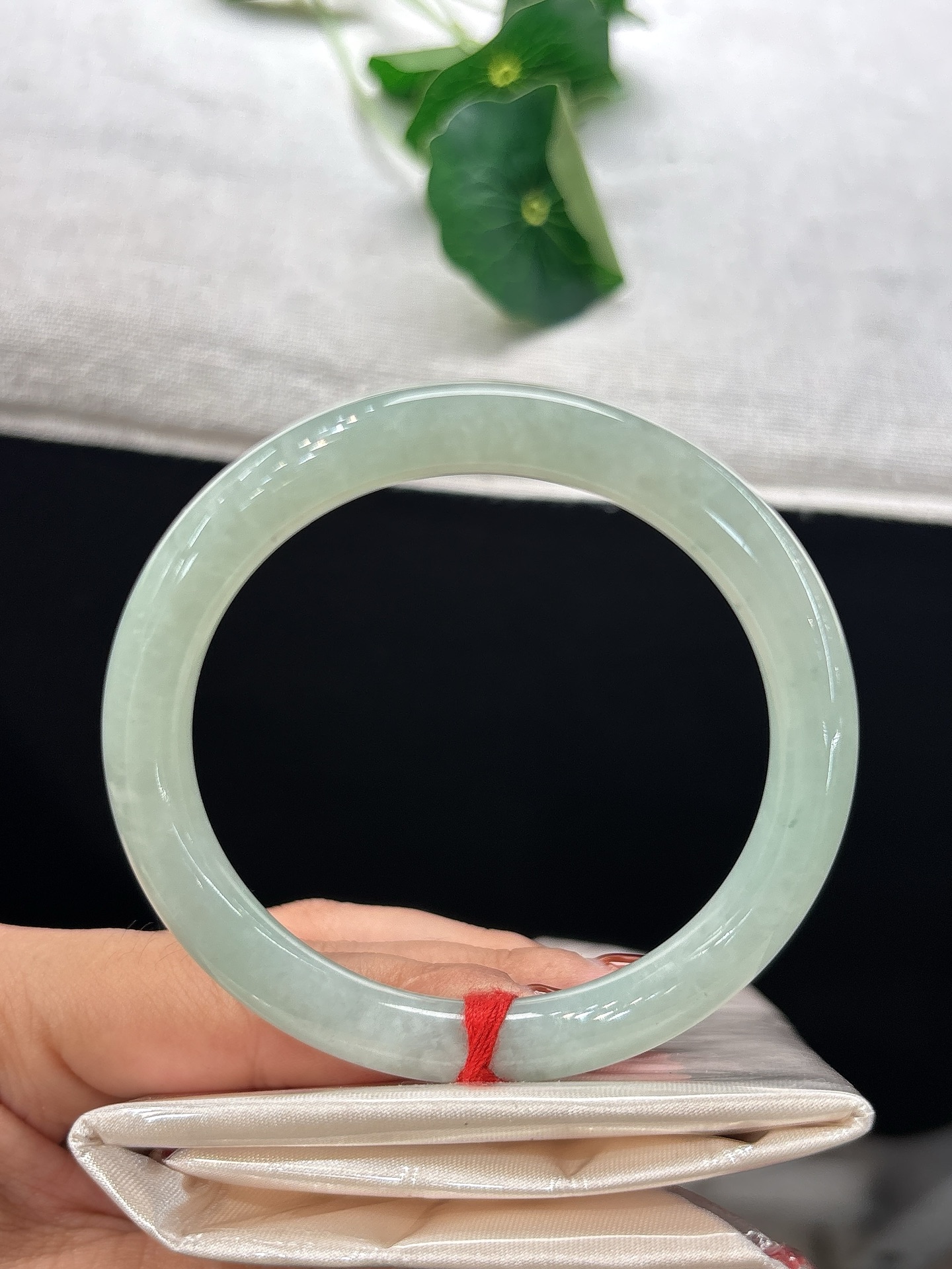 天然翡翠手镯，圈口57/8.1，圆条浅湖底色，莹润清透，似一汪柔漾碧水，无裂
