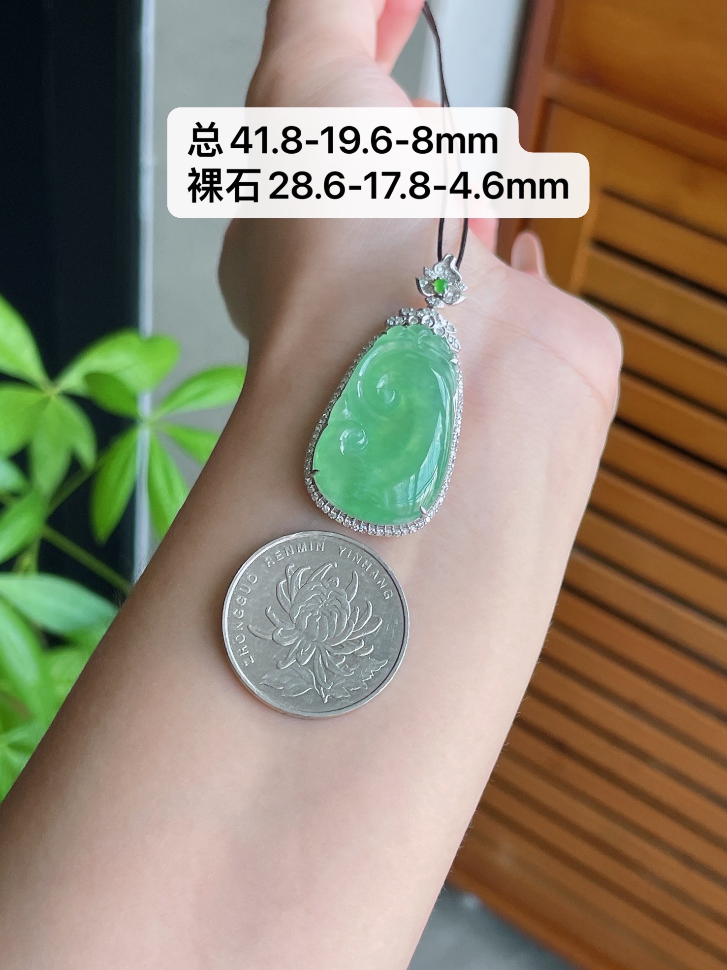 18k金钻镶冰种木那晴绿如意, 总41.8-19.6-8mm 裸石28.6-17.8-4.6mm S85，41.8-19.6-8