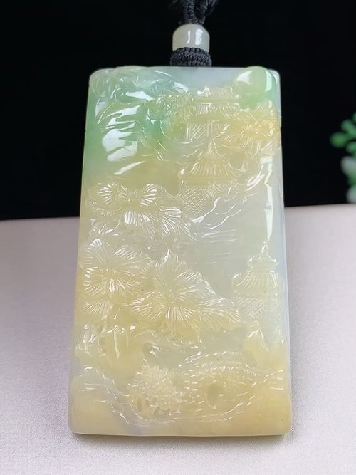 黄+绿双彩山水牌，尺寸55.7-32.3-6.5mm，S04mzt