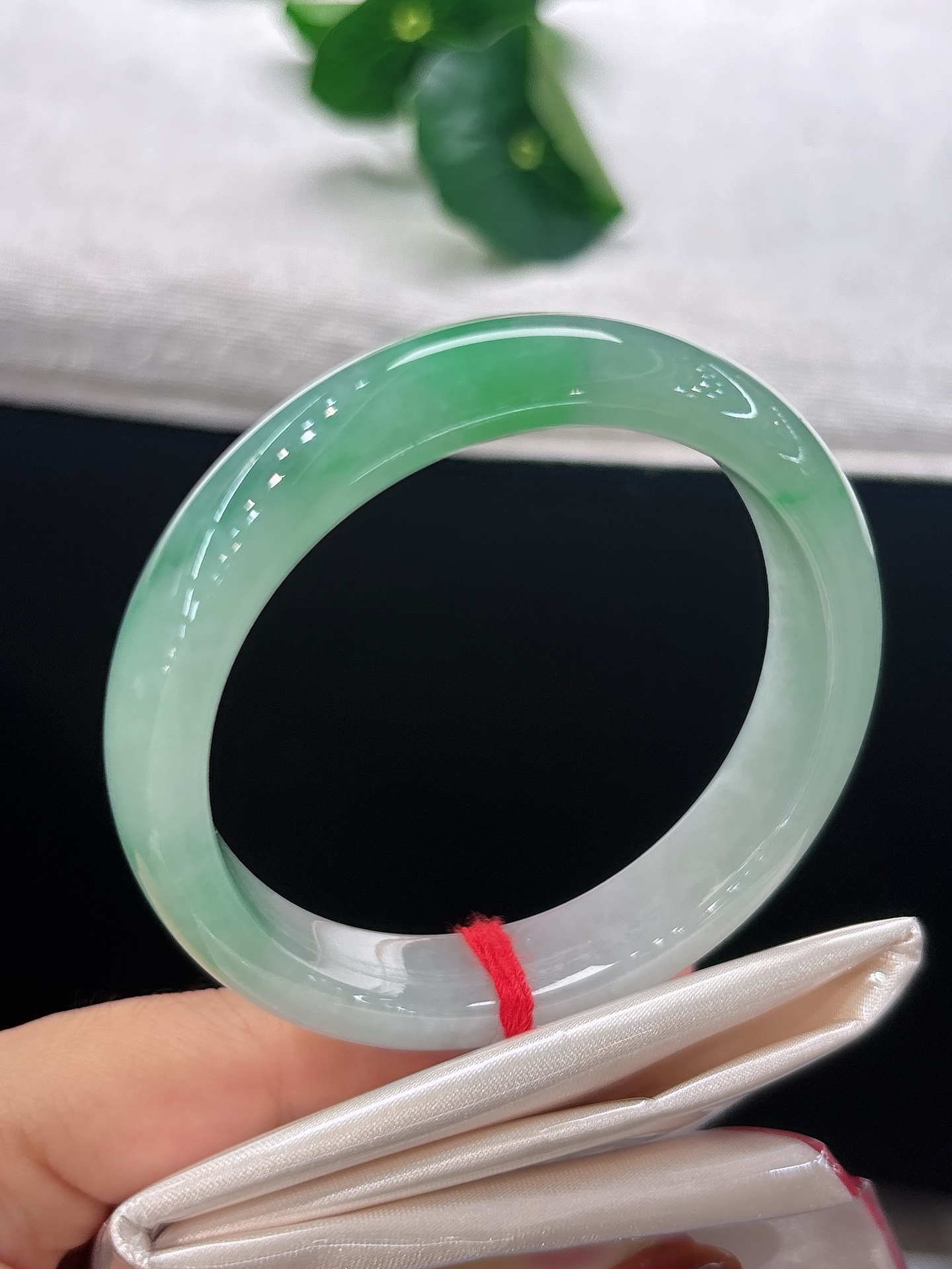 天然翡翠手镯，圈口53.7/10.4/7.6半段翠色悠然晕染，绿如春江染碧，温婉又富有灵动气韵，微纹