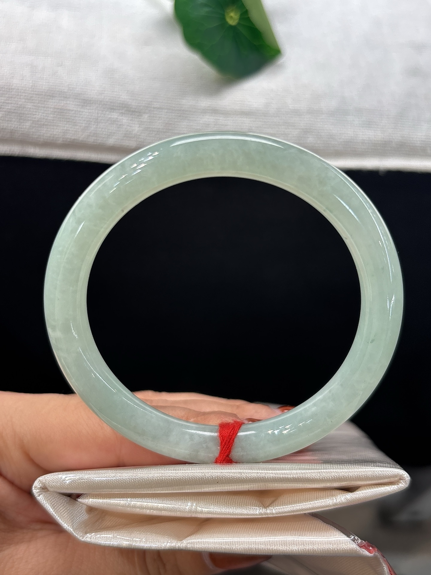 天然翡翠手镯，圈口57/8.1，圆条浅湖底色，莹润清透，似一汪柔漾碧水，无裂
